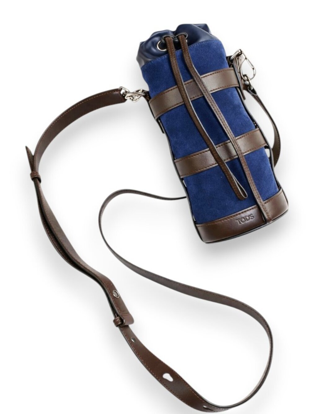 Tod’s Rare Suede Cylinder Bottle Bag Navy Brown Leather Cross Body Mini Italy - Picture 3 of 10